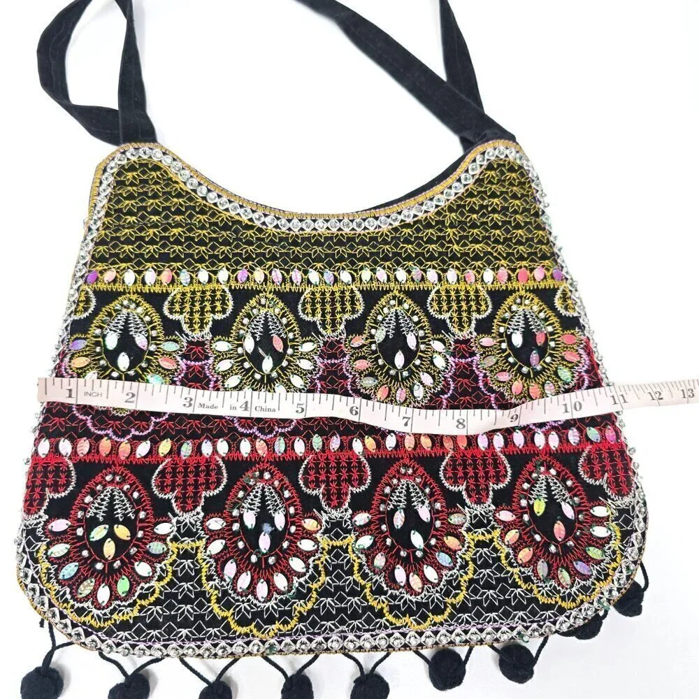 Vintage 90s Y2k Arcad Embellished Sequin Beaded Embroidered Black Shoulder Bag